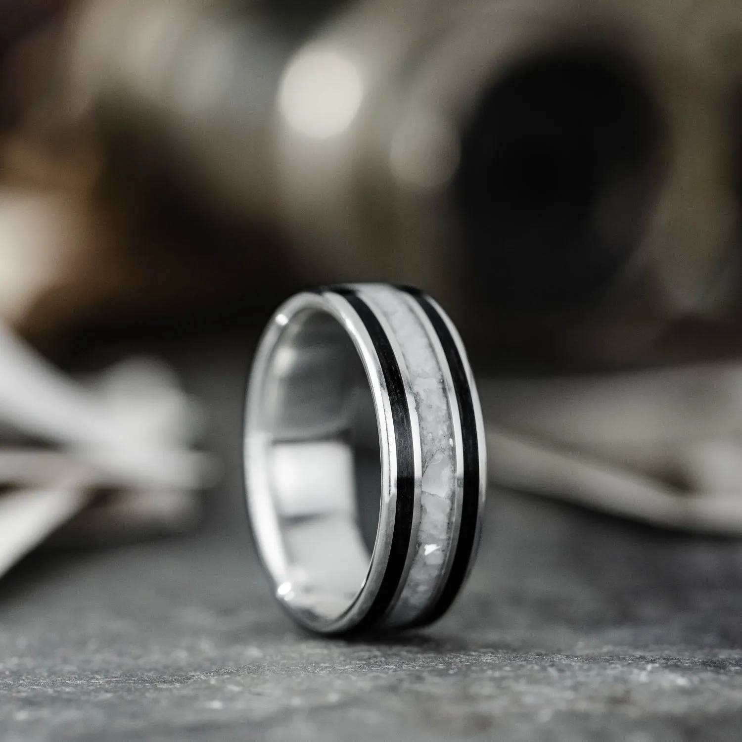 The Pearl | Silver Wedding Band with Whiskey Barrel Wood and Pearl Inlays