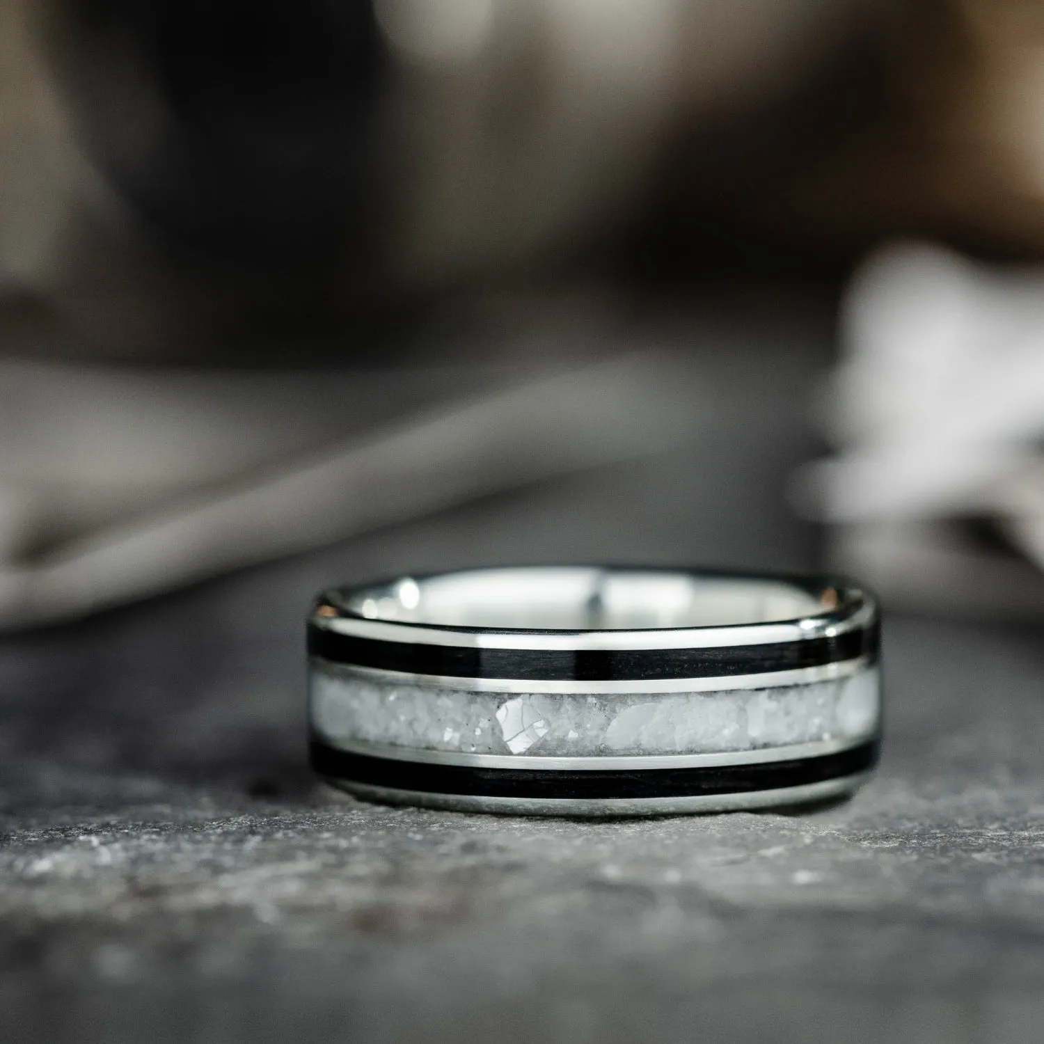 The Pearl | Silver Wedding Band with Whiskey Barrel Wood and Pearl Inlays