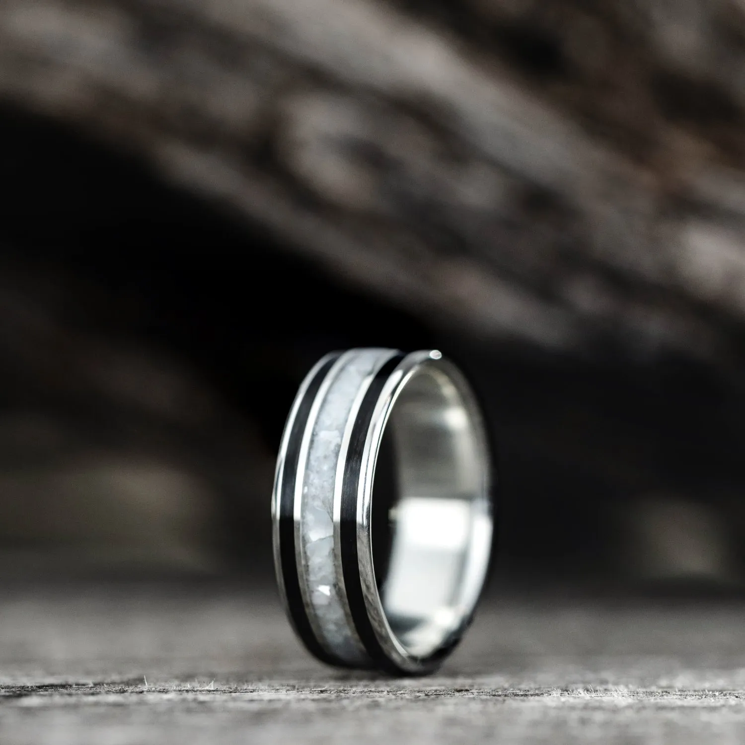 The Pearl | Silver Wedding Band with Whiskey Barrel Wood and Pearl Inlays