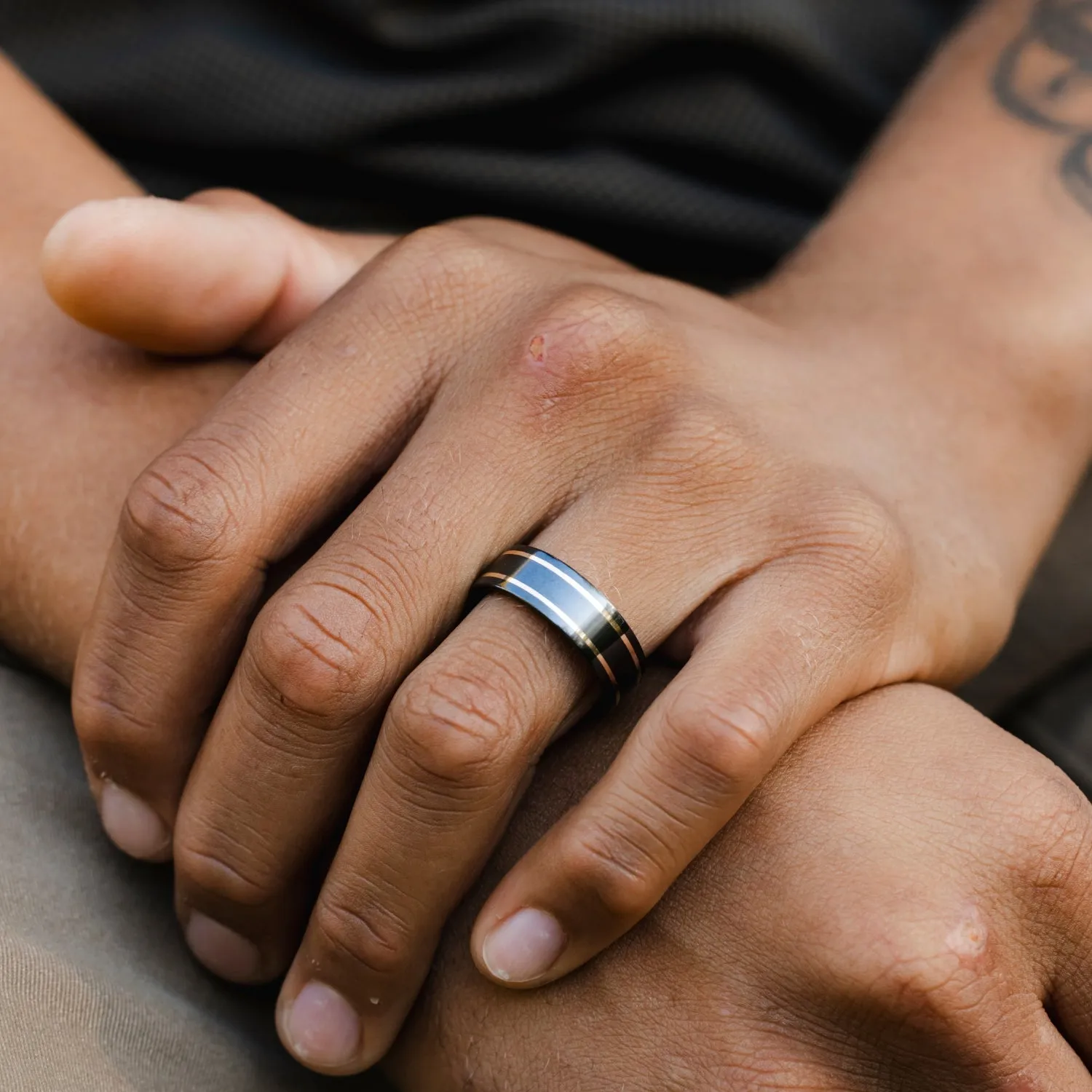 The Renegade Noir | Men's Black Titanium Wedding Band with Dual Metal Inlays