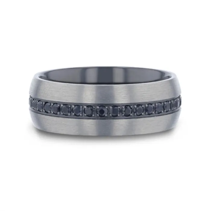 Thorsten AVIATOR Domed Brushed Titanium Men's Wedding Band with Black Sapphire Stones Inlay - 8mm