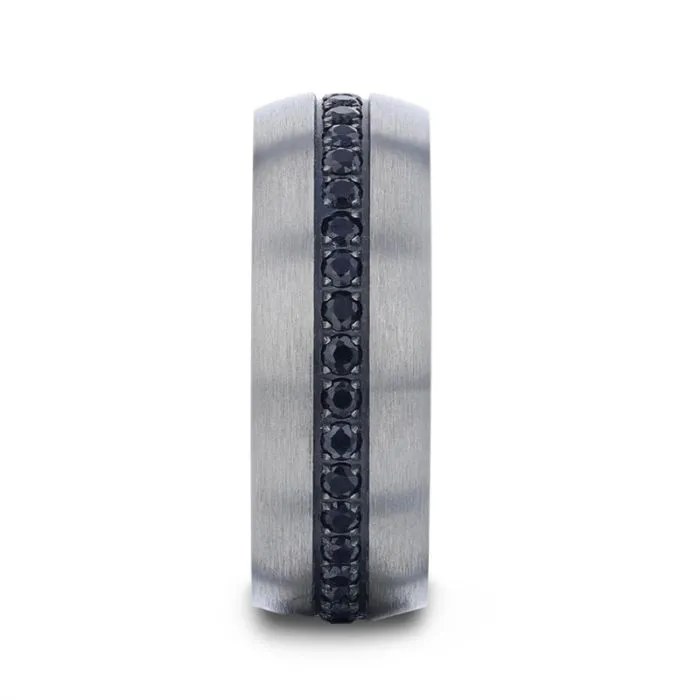 Thorsten AVIATOR Domed Brushed Titanium Men's Wedding Band with Black Sapphire Stones Inlay - 8mm