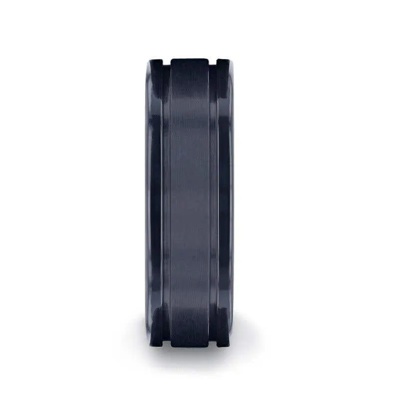 Thorsten WOLVERINE Brushed Center Black Titanium Men's Wedding Band With Polished Dual Offset Grooves - 8mm