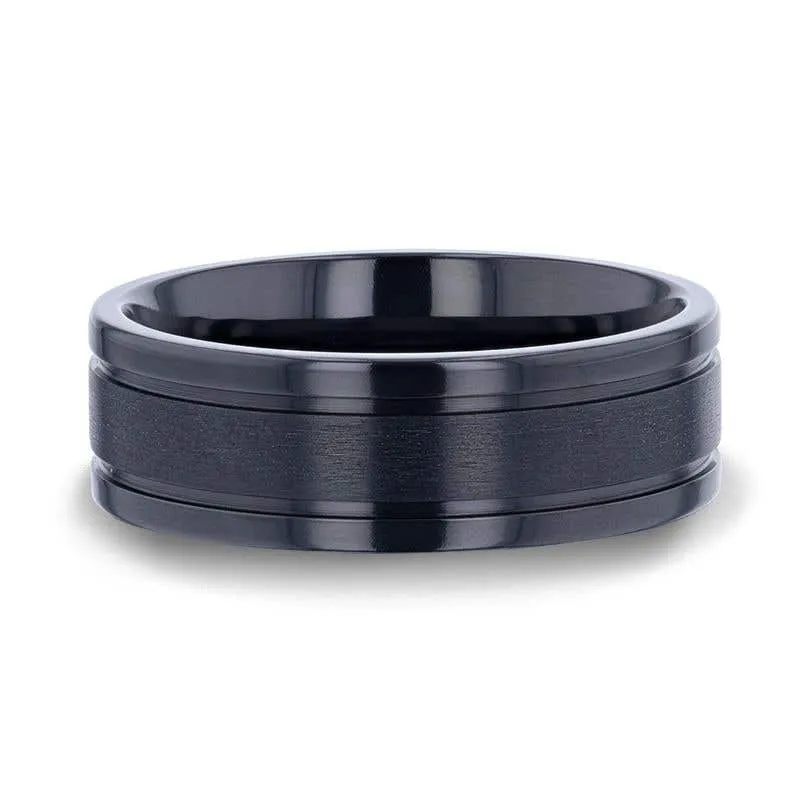 Thorsten WOLVERINE Brushed Center Black Titanium Men's Wedding Band With Polished Dual Offset Grooves - 8mm