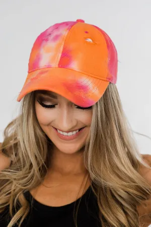 Tie Dye Distressed Ball Cap- Orange, Pink, & Red