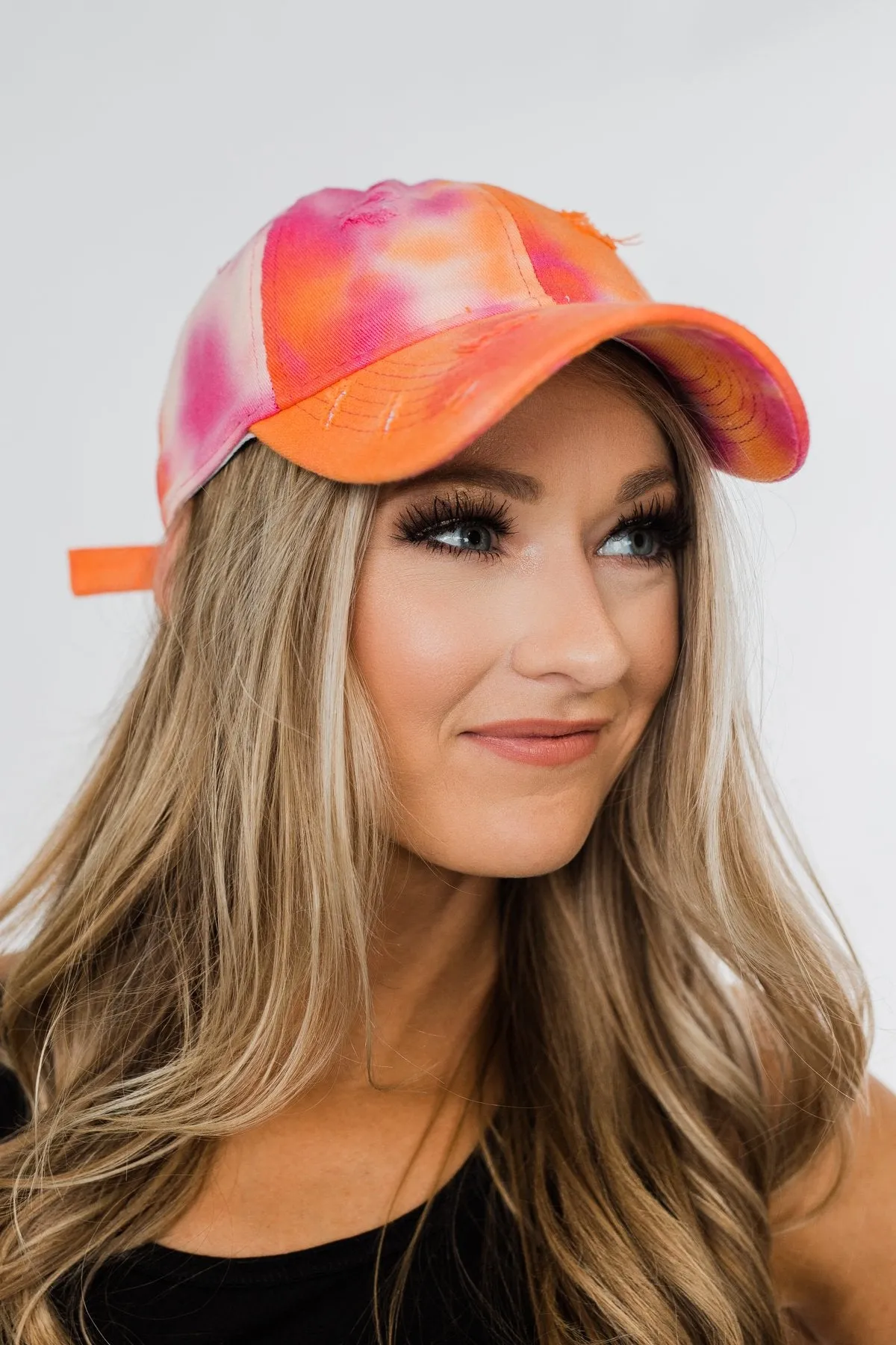 Tie Dye Distressed Ball Cap- Orange, Pink, & Red