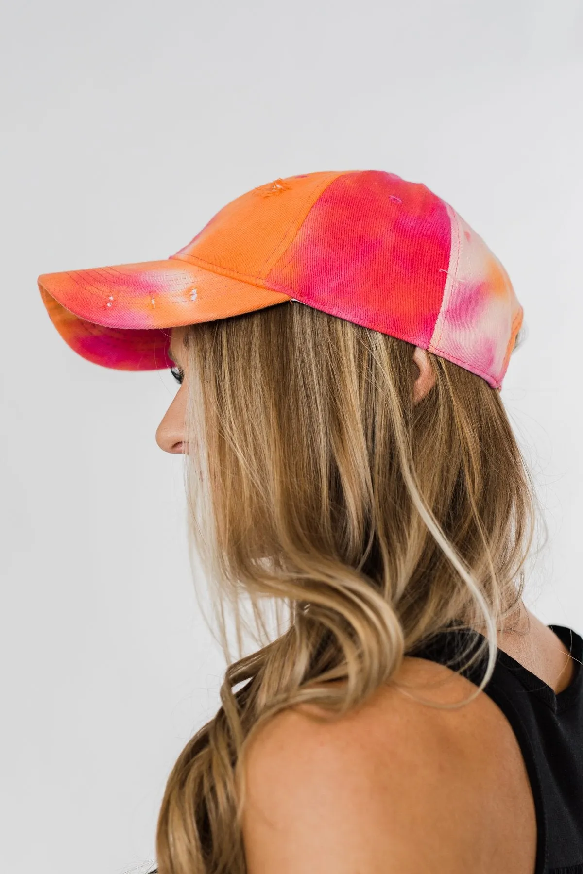 Tie Dye Distressed Ball Cap- Orange, Pink, & Red