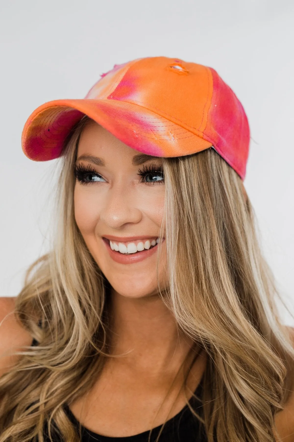 Tie Dye Distressed Ball Cap- Orange, Pink, & Red