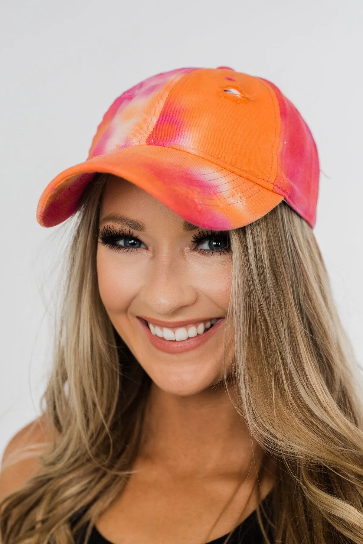 Tie Dye Distressed Ball Cap- Orange, Pink, & Red