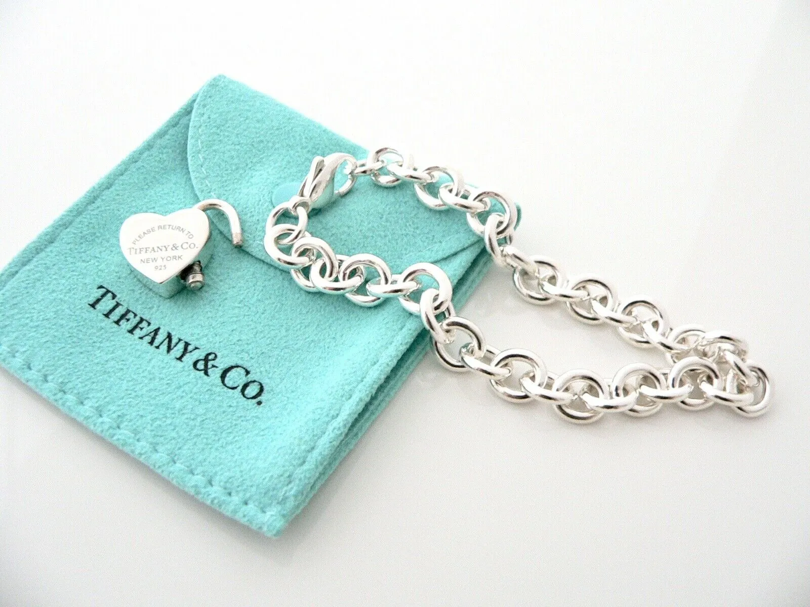 Tiffany & Co Blue Enamel Heart Padlock Bracelet Charm Love Gift Pouch 8 Inches