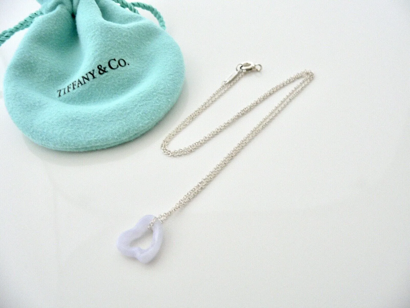 Tiffany & Co Blue Lace Agate Necklace Pendant Charm Chain Silver Gift Pouch Love
