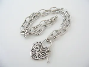 Tiffany & Co Filigree Heart Key Necklace Pendant Charm 18 Inch Chain Gift Silver