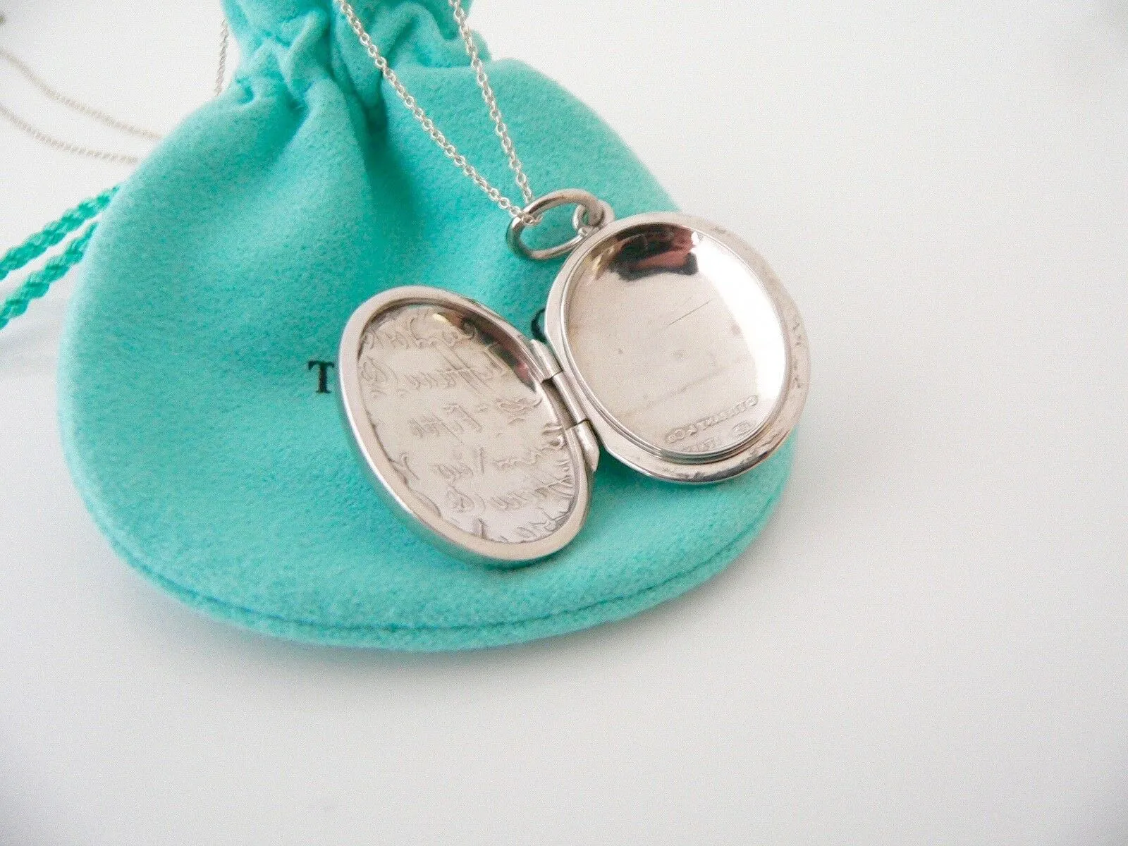 Tiffany & Co Notes Oval Locket Necklace Pendant Charm 18 Inch Chain Silver Gift