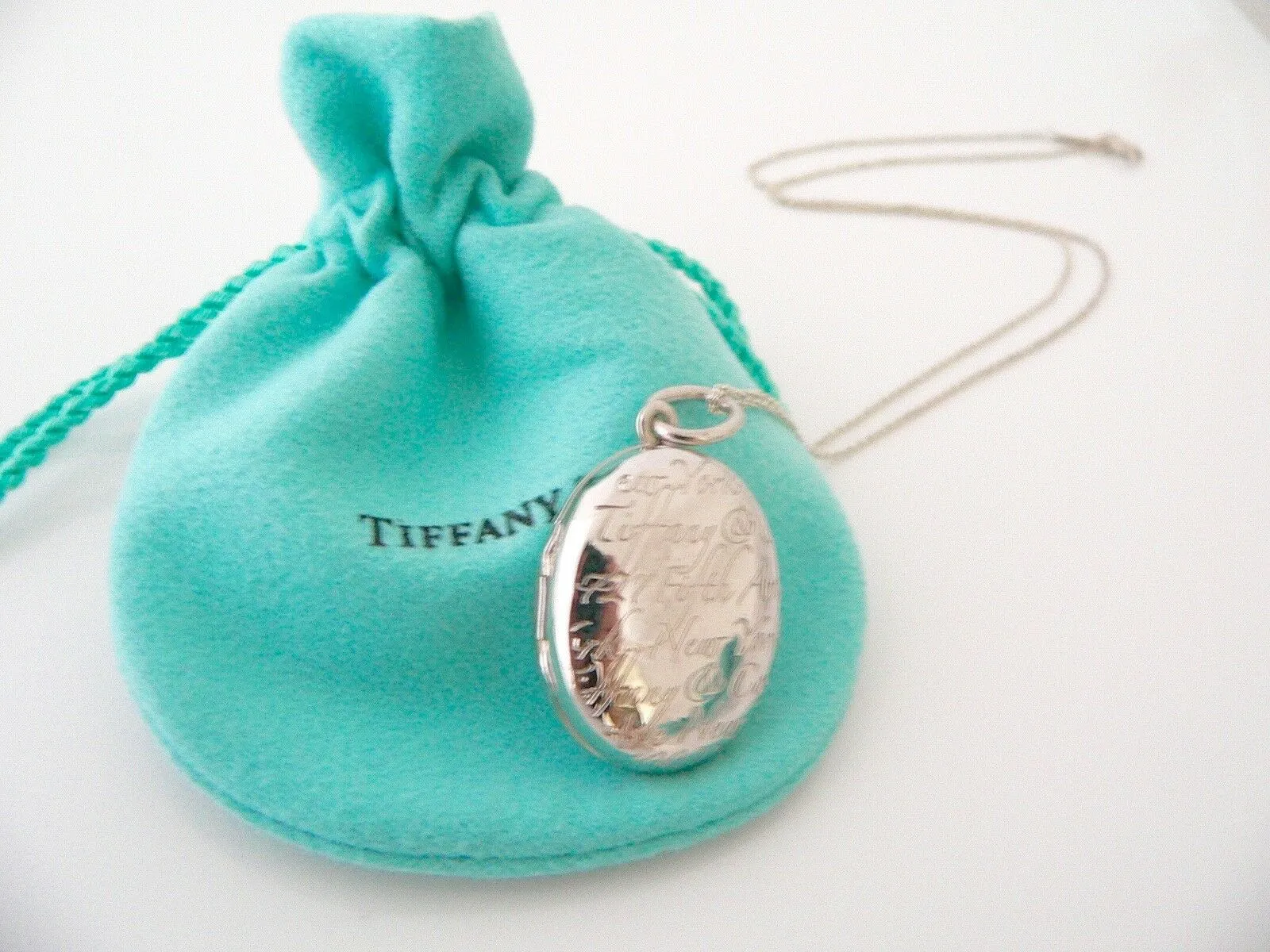 Tiffany & Co Notes Oval Locket Necklace Pendant Charm 18 Inch Chain Silver Gift