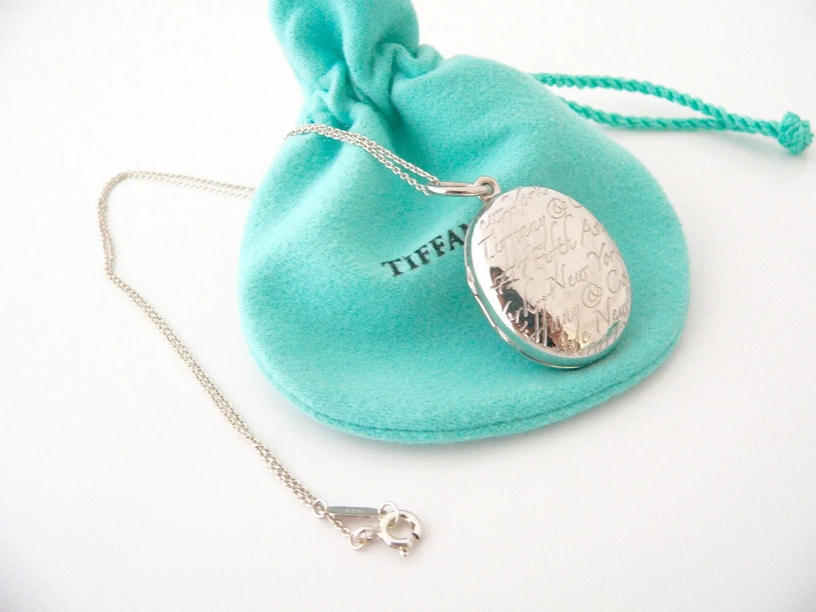 Tiffany & Co Notes Oval Locket Necklace Pendant Charm 18 Inch Chain Silver Gift