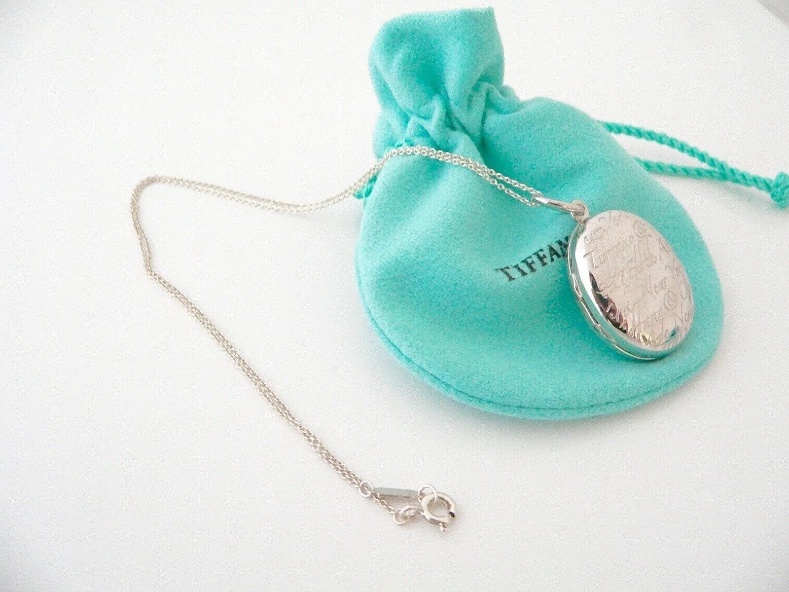 Tiffany & Co Notes Oval Locket Necklace Pendant Charm 18 Inch Chain Silver Gift