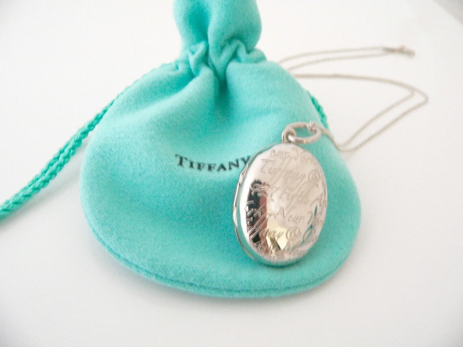 Tiffany & Co Notes Oval Locket Necklace Pendant Charm 18 Inch Chain Silver Gift