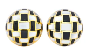 Tiffany & Co. Onyx Mother-of-Pearl 18 Karat Gold Checkerboard Ear-Clip Earrings