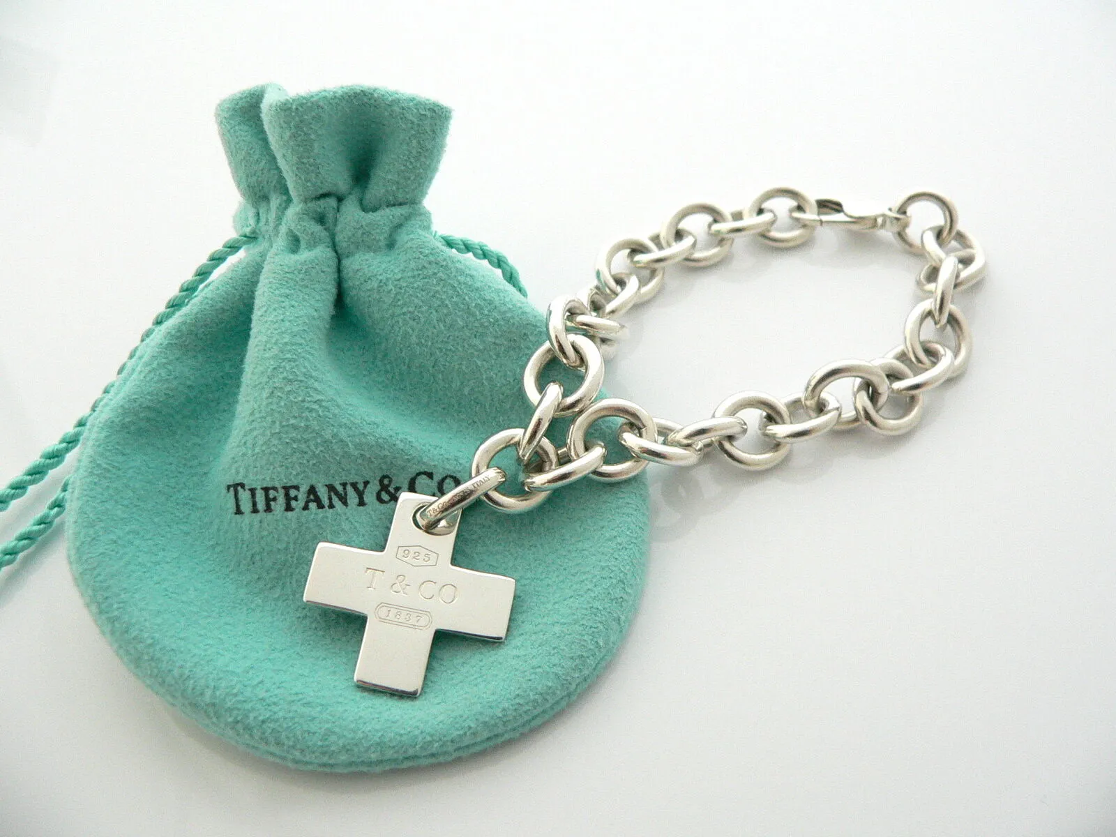 Tiffany & Co Silver 1837 Cross Bracelet Bangle Charm Clasp Gift Pouch Love Rare