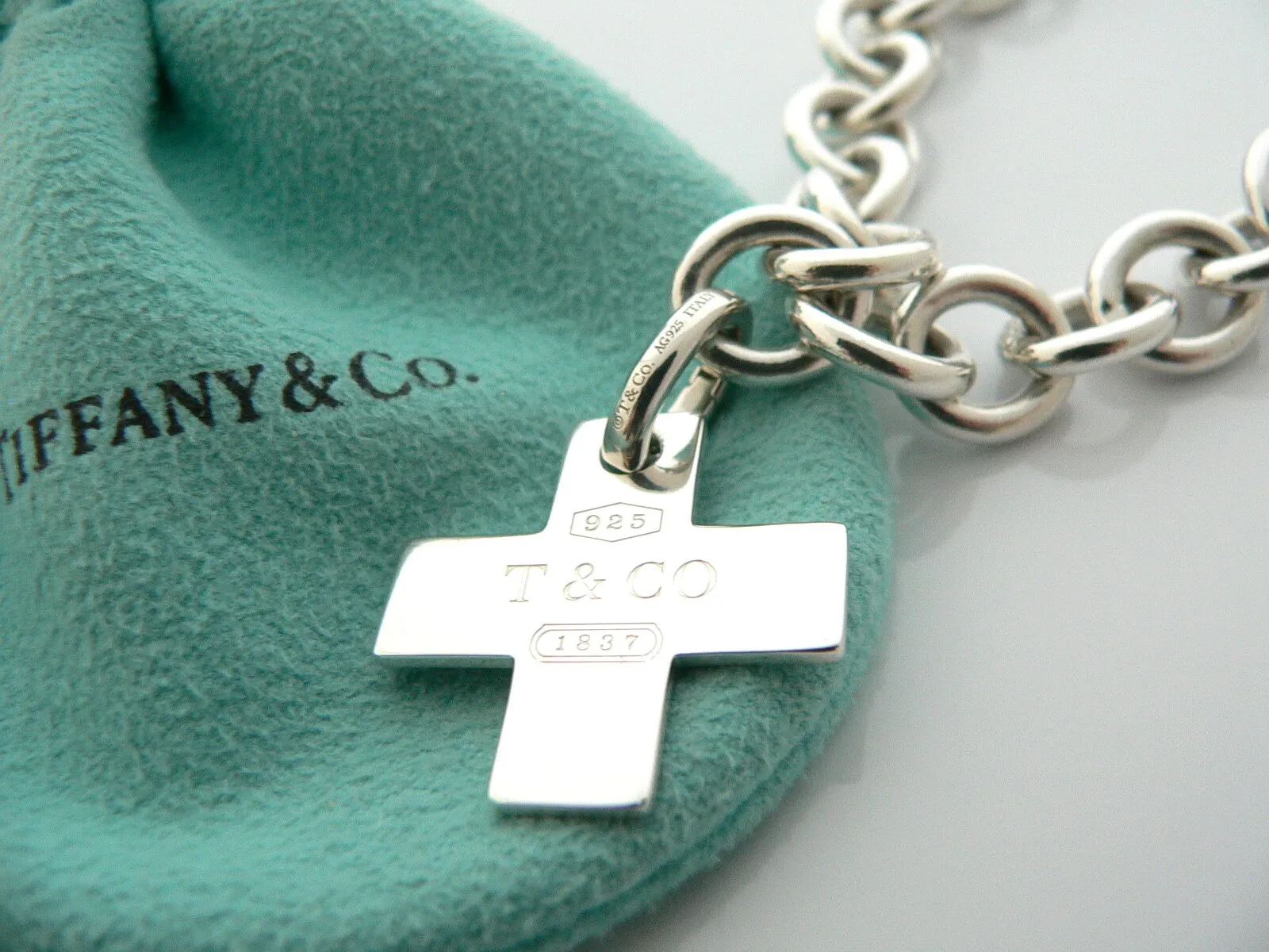 Tiffany & Co Silver 1837 Cross Bracelet Bangle Charm Clasp Gift Pouch Love Rare