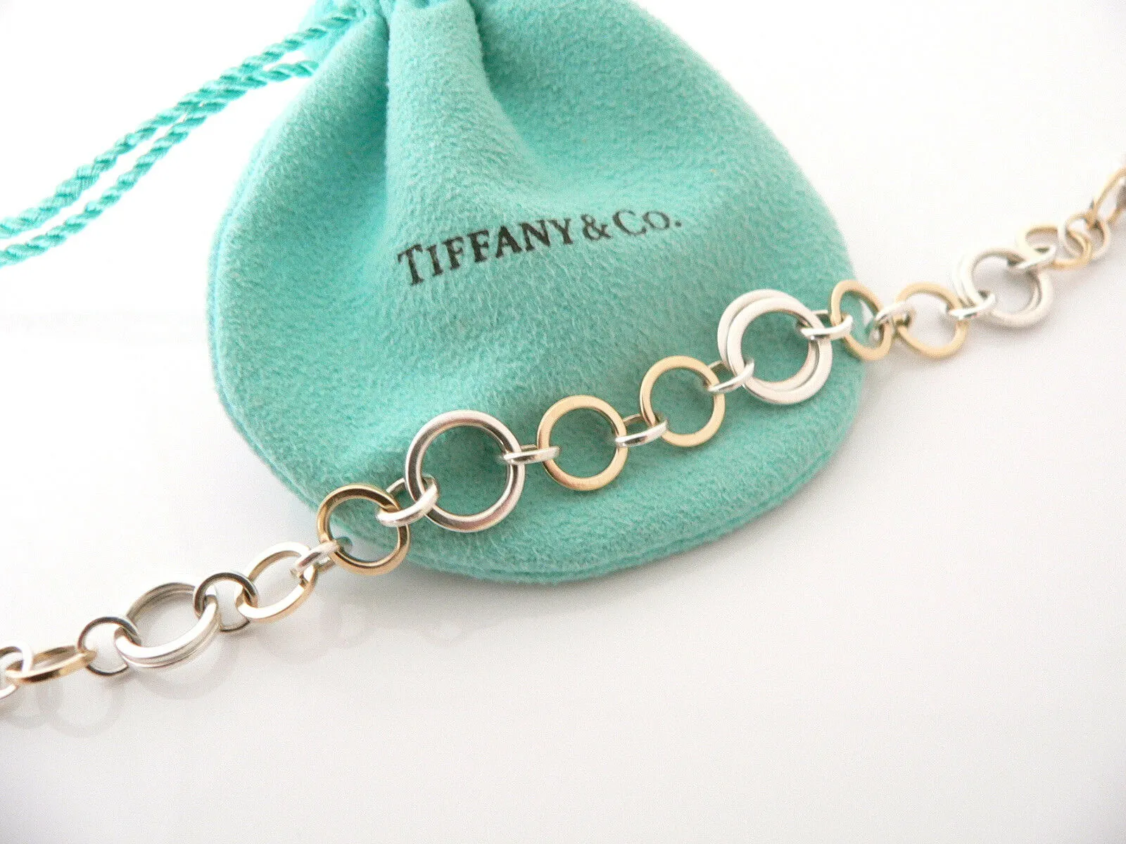 Tiffany & Co Silver 18K Gold Circles Link Bracelet Bangle 8.5 Inch Longer Gift