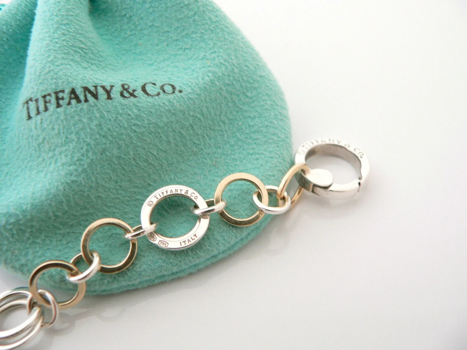 Tiffany & Co Silver 18K Gold Circles Link Bracelet Bangle 8.5 Inch Longer Gift