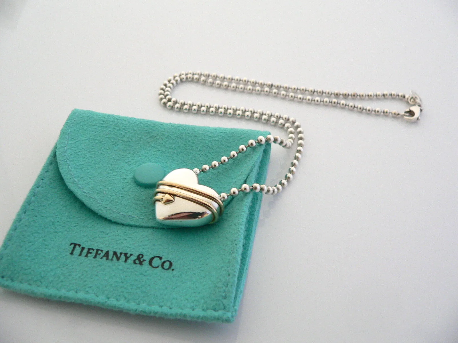 Tiffany & Co Silver 18K Gold Heart Arrow Necklace Pendant Bead 18 Inch Gift Love