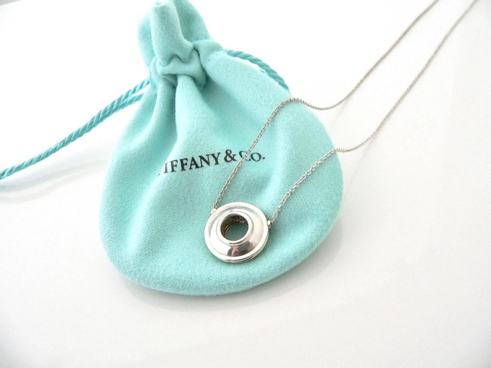 Tiffany & Co Silver 18K Gold Picasso Magic Disc Necklace Pendant Gift Pouch Love 17 Inch Chain Longer Length