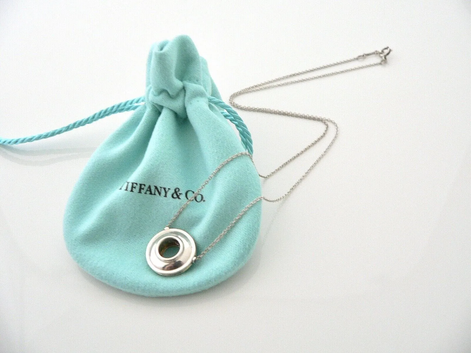 Tiffany & Co Silver 18K Gold Picasso Magic Disc Necklace Pendant Gift Pouch Love 17 Inch Chain Longer Length