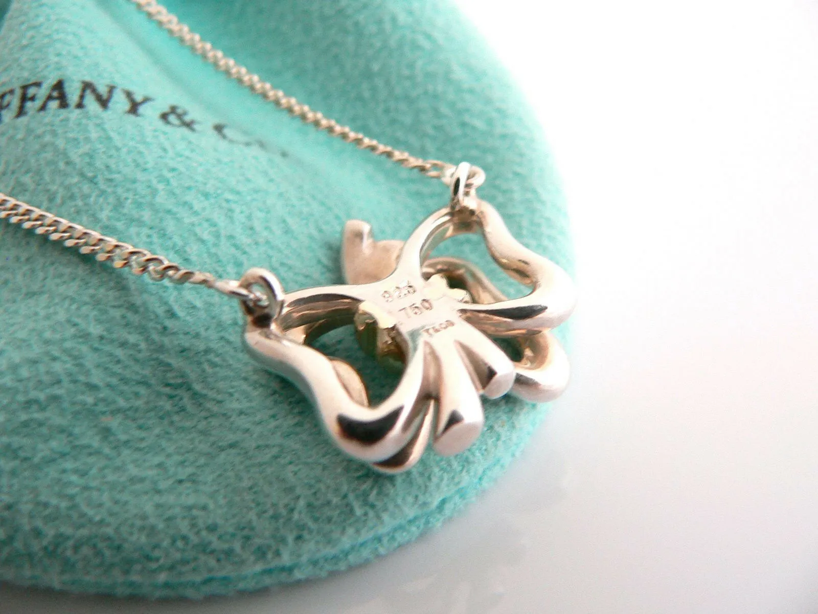Tiffany & Co Silver 18K Gold Ribbon Bow Necklace Pendant Charm 17.8 Inch Pouch