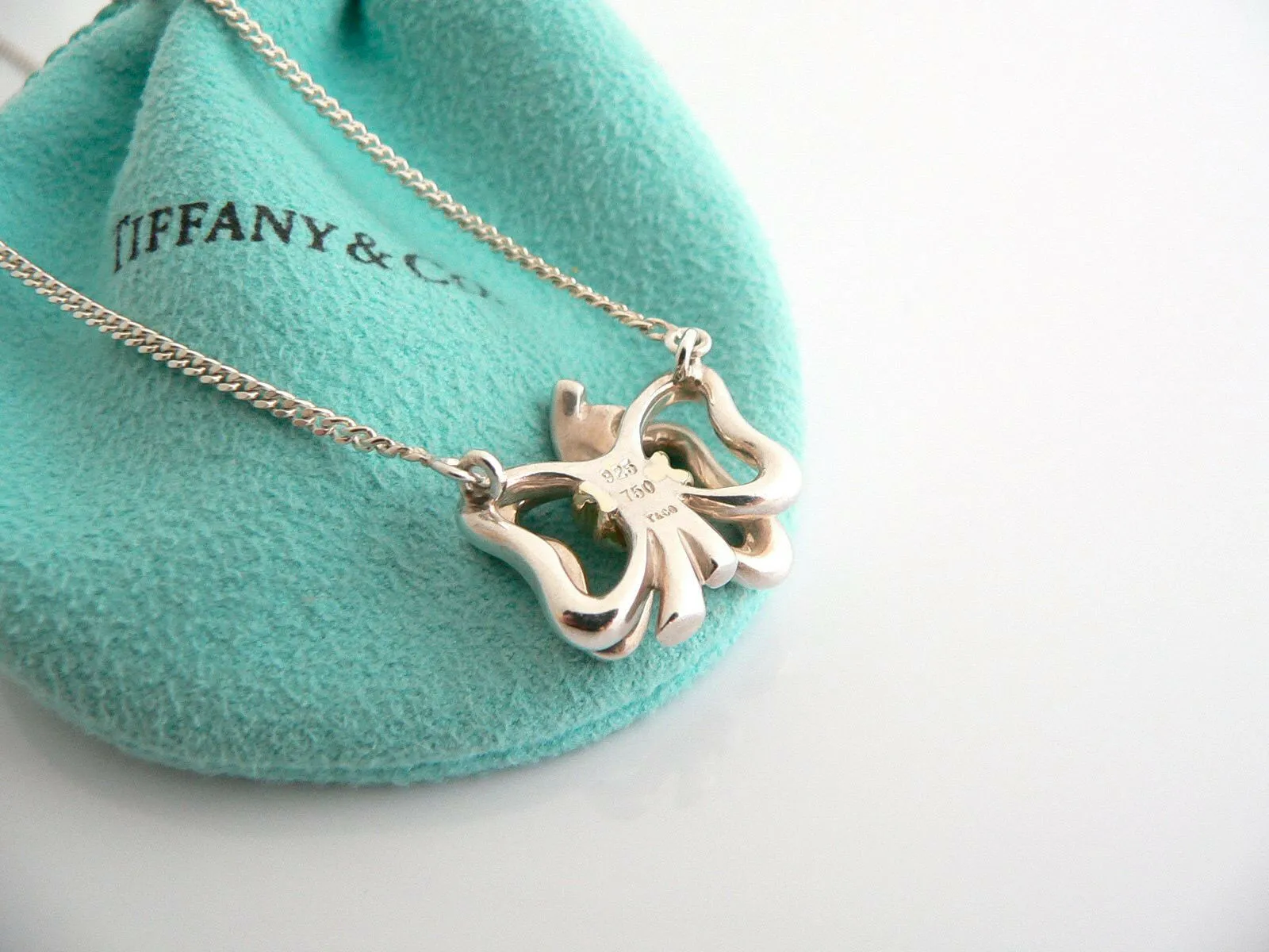 Tiffany & Co Silver 18K Gold Ribbon Bow Necklace Pendant Charm 17.8 Inch Pouch