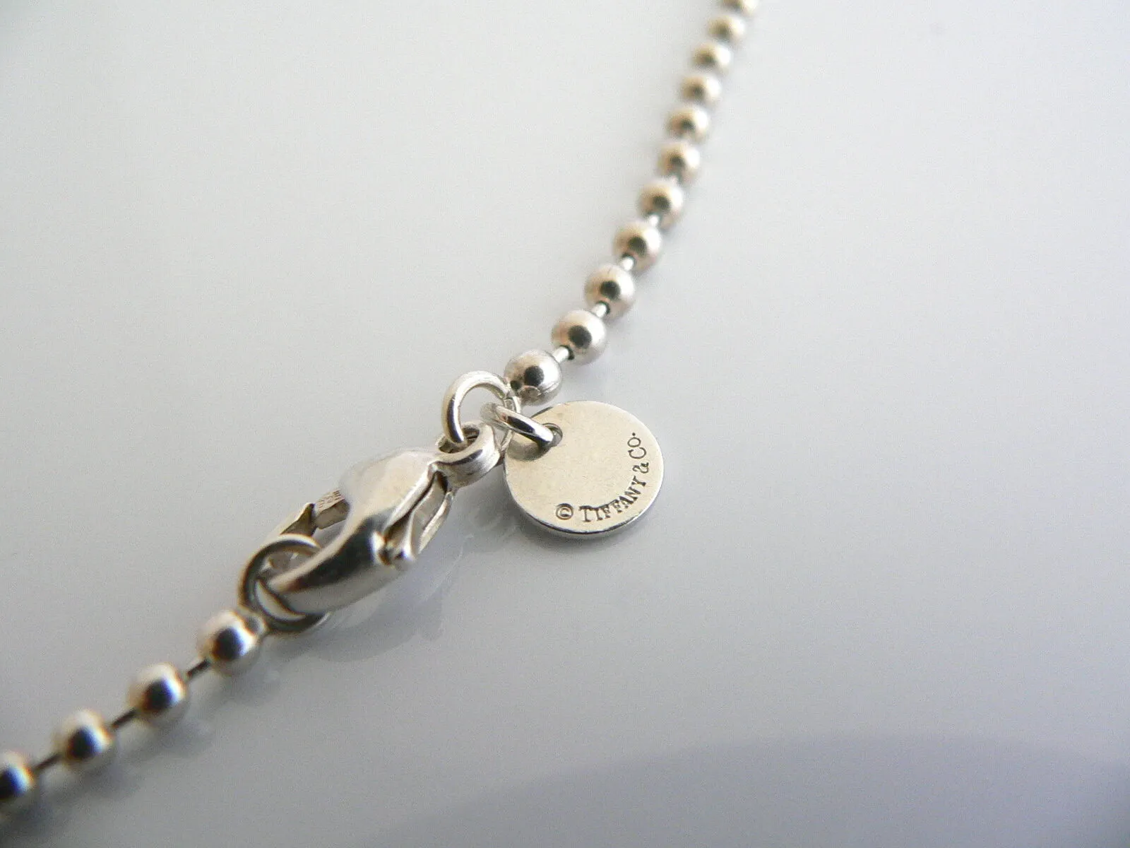 Tiffany & Co Silver 35 Inch Long Beaded Bead Necklace Chain Dog Tag Pendant Gift