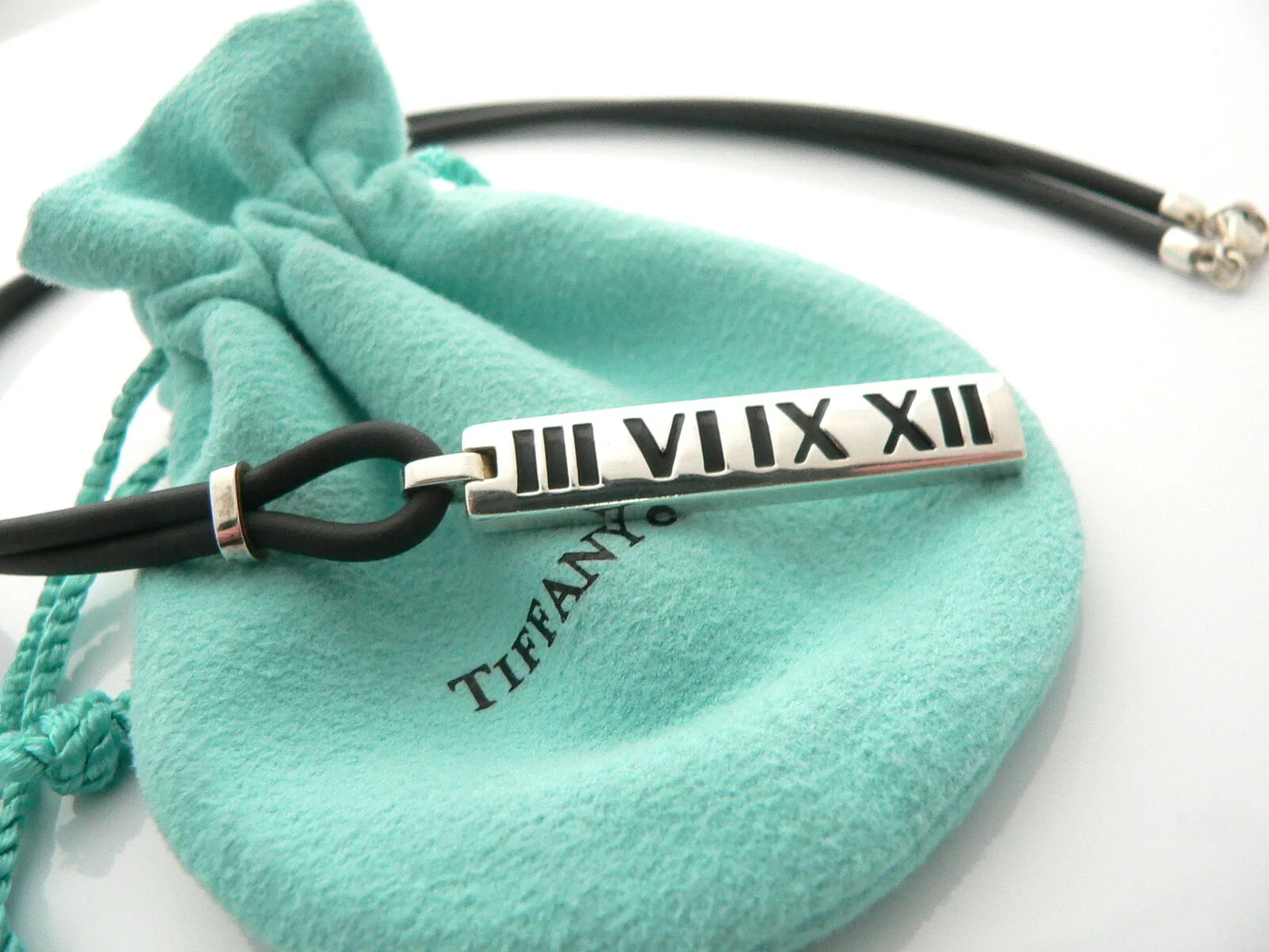 Tiffany & Co Silver Atlas Bar Surfer Necklace Rubber Cord 20 In Long Gift Pouch