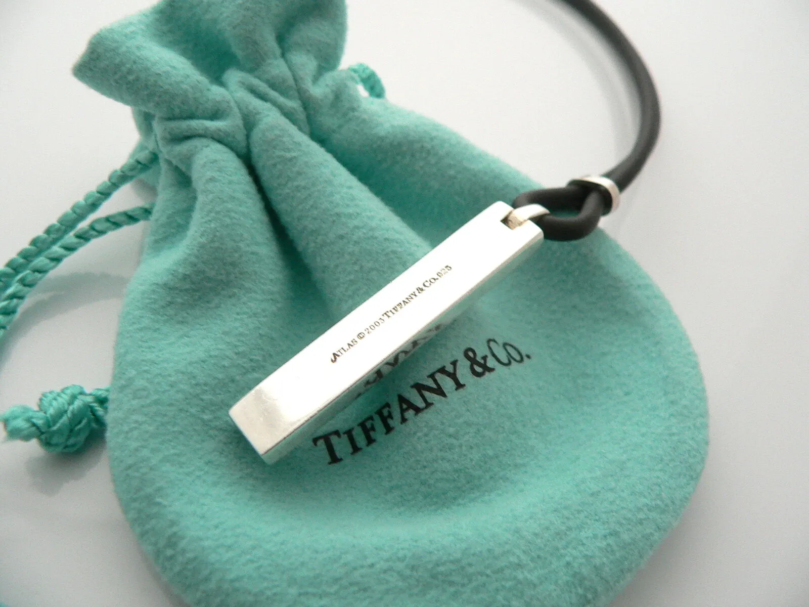 Tiffany & Co Silver Atlas Bar Surfer Necklace Rubber Cord 20 In Long Gift Pouch