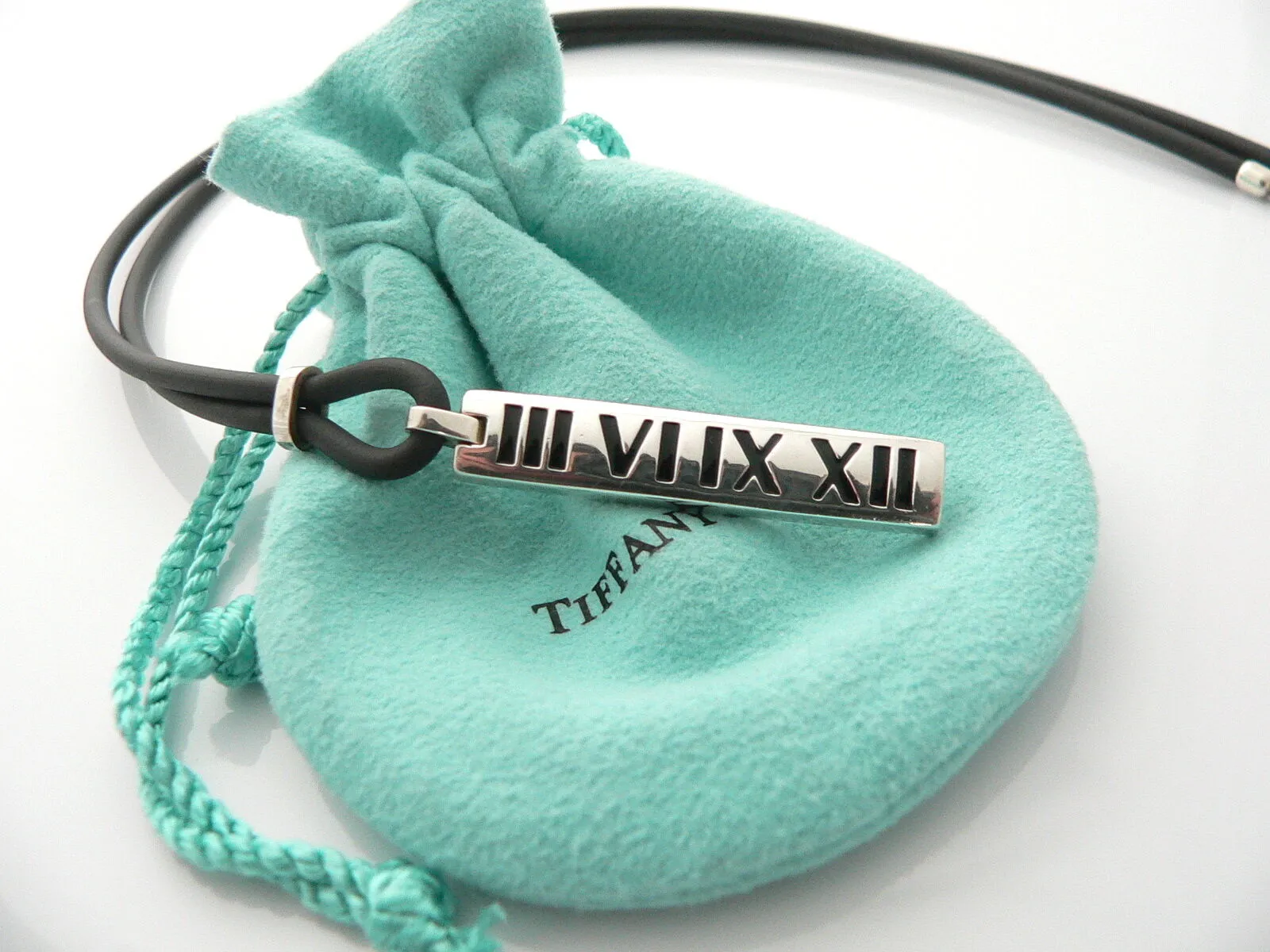 Tiffany & Co Silver Atlas Bar Surfer Necklace Rubber Cord 20 In Long Gift Pouch