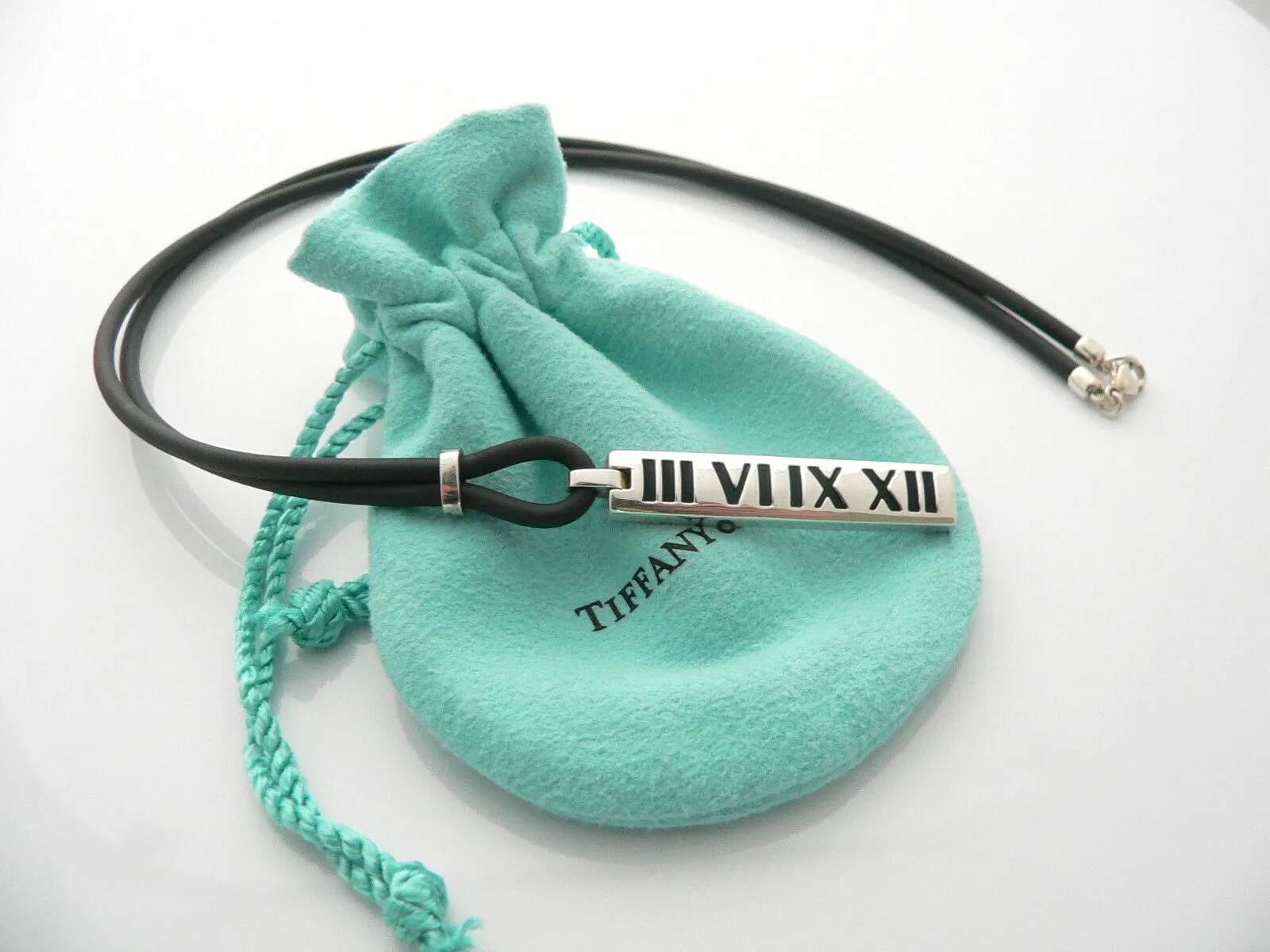 Tiffany & Co Silver Atlas Bar Surfer Necklace Rubber Cord 20 In Long Gift Pouch