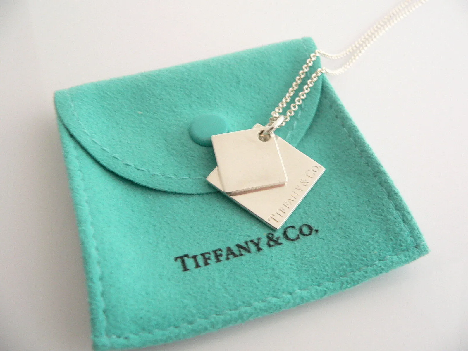 Tiffany & Co Silver Double Squares Necklace Pendant 18 Inch Chain Gift Pouch