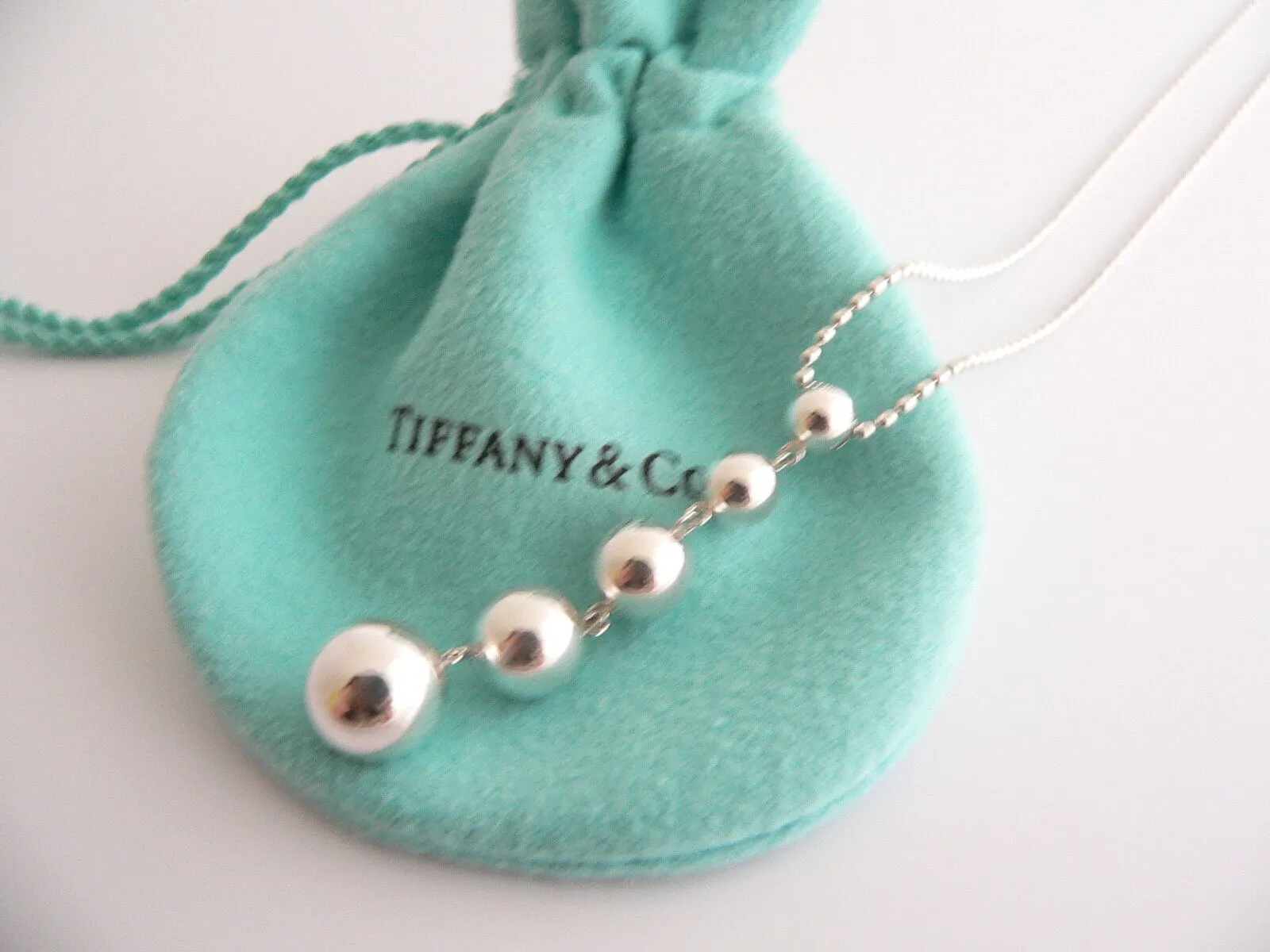 Tiffany & Co Silver Graduated Bead Dangle Ball Drop Necklace Pendant Gift Pouch
