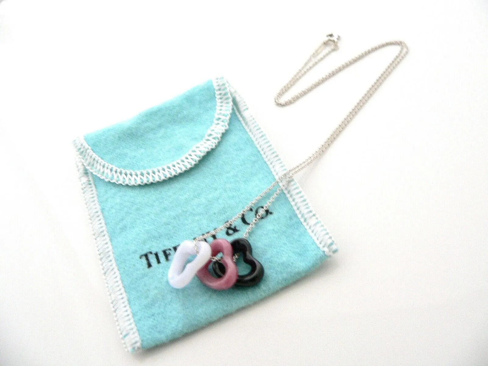 Tiffany & Co Silver Heart Necklace Jade Blue Agate Pink Gemstone Pendant Love