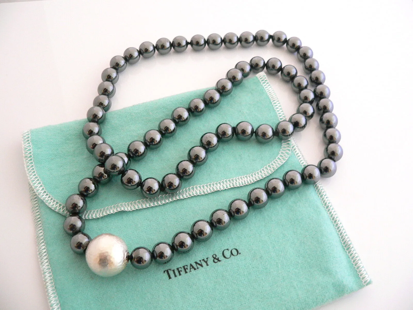 Tiffany & Co Silver Hematite Necklace 29 Inch Bead Strand Gift Pouch Love