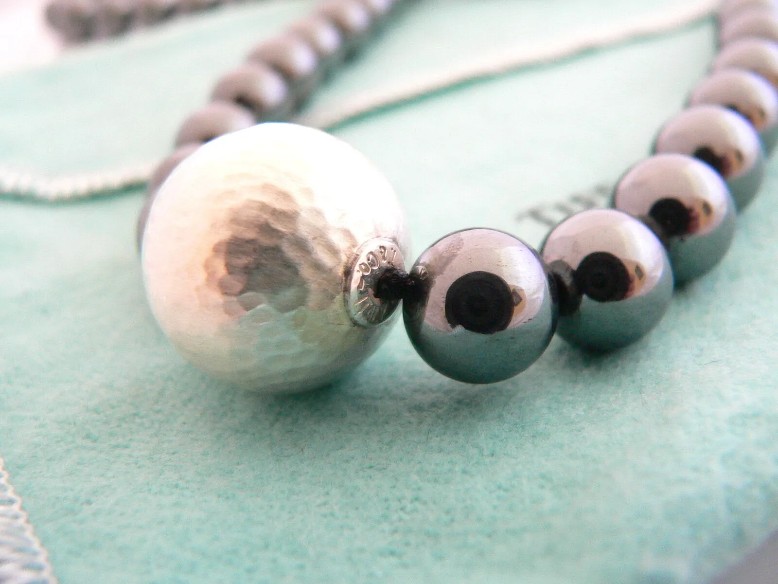 Tiffany & Co Silver Hematite Necklace 29 Inch Bead Strand Gift Pouch Love