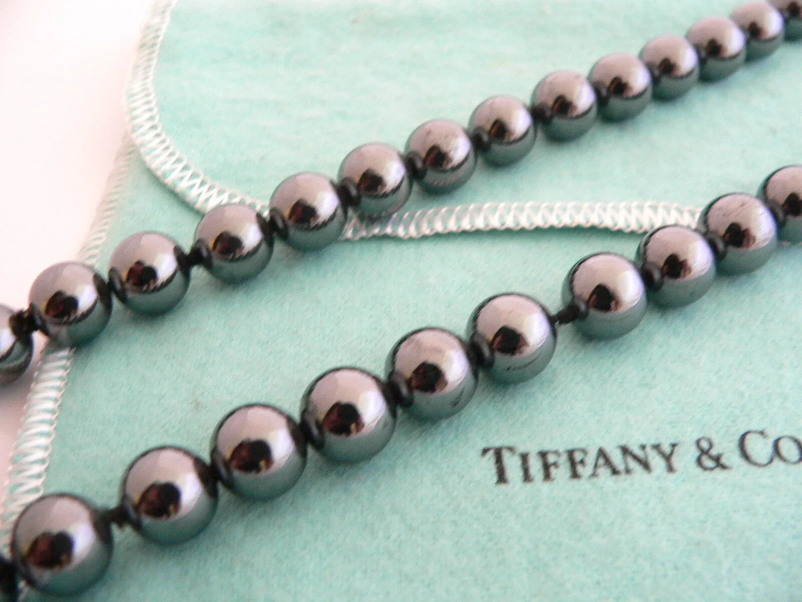 Tiffany & Co Silver Hematite Necklace 29 Inch Bead Strand Gift Pouch Love