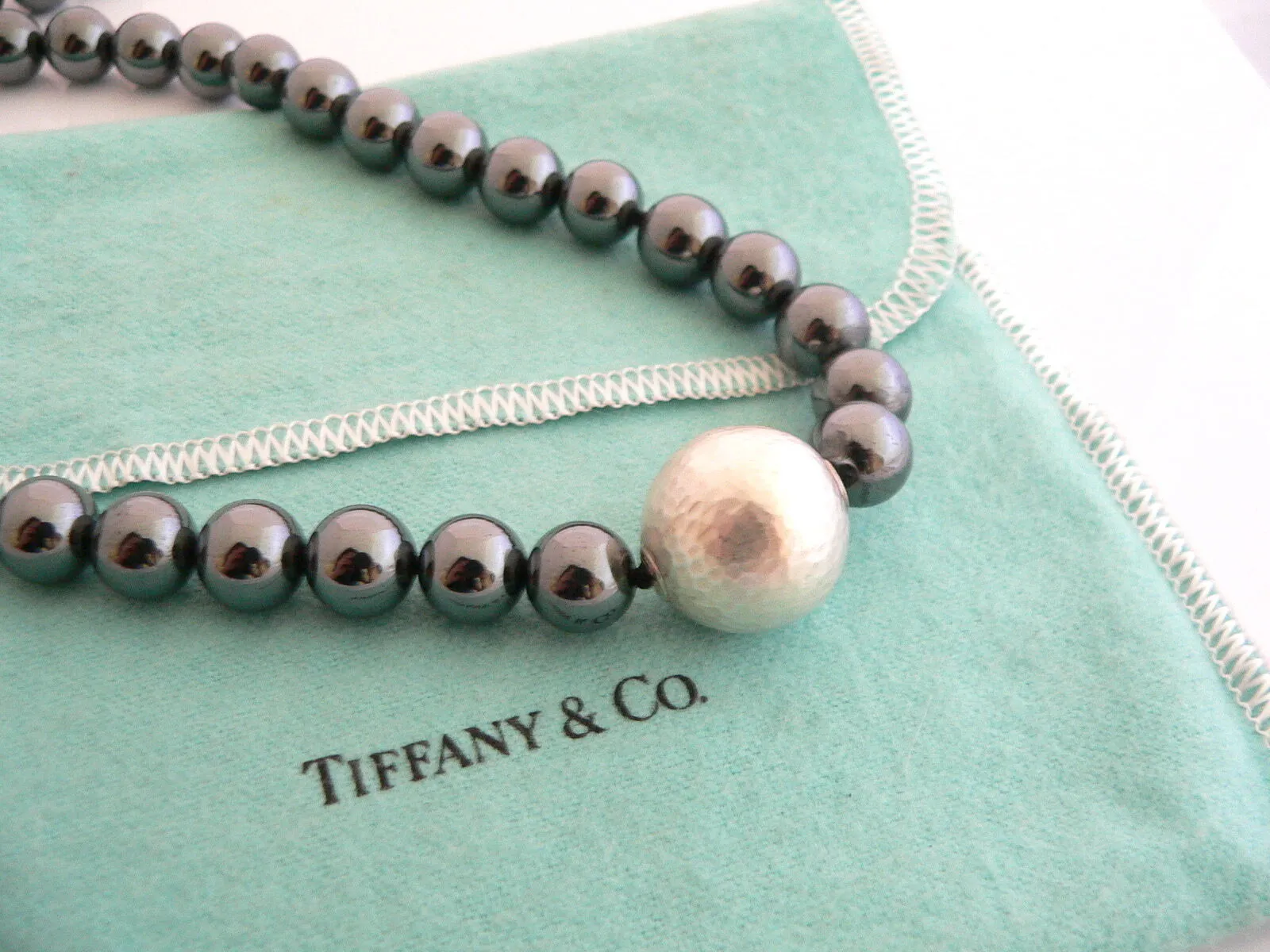 Tiffany & Co Silver Hematite Necklace 29 Inch Bead Strand Gift Pouch Love