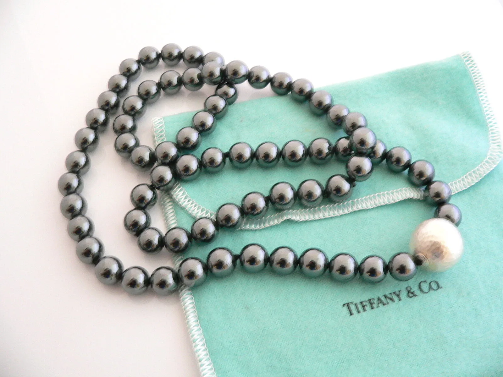 Tiffany & Co Silver Hematite Necklace 29 Inch Bead Strand Gift Pouch Love