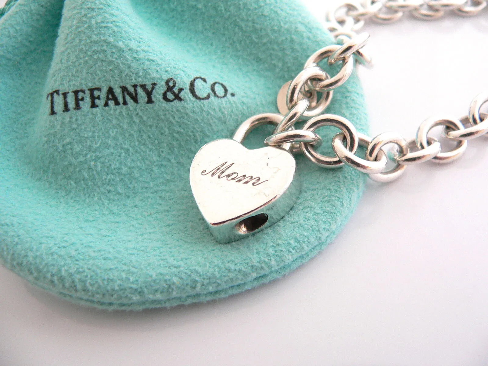 Tiffany & Co Silver Mom Heart Padlock Charm Bracelet Open Links Gift Pouch Love