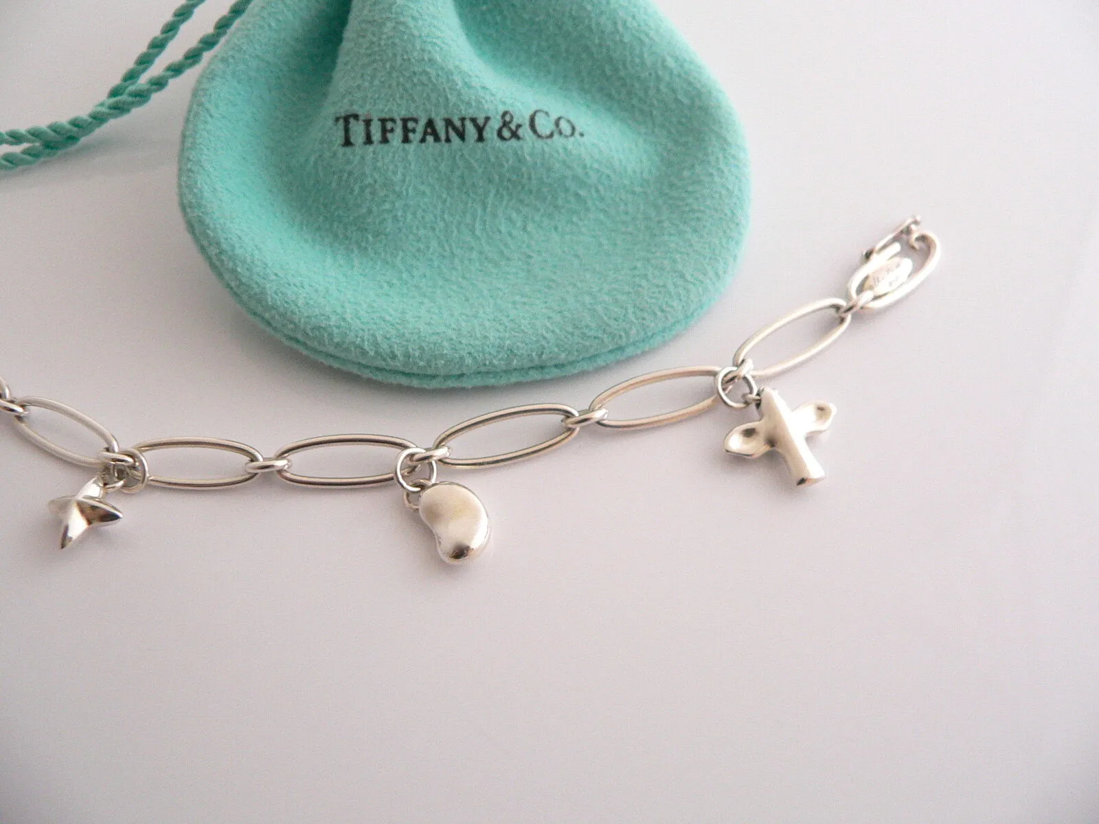 Tiffany & Co Silver Peretti Dove Heart Bean Star Charm Bracelet Gift Pouch Love