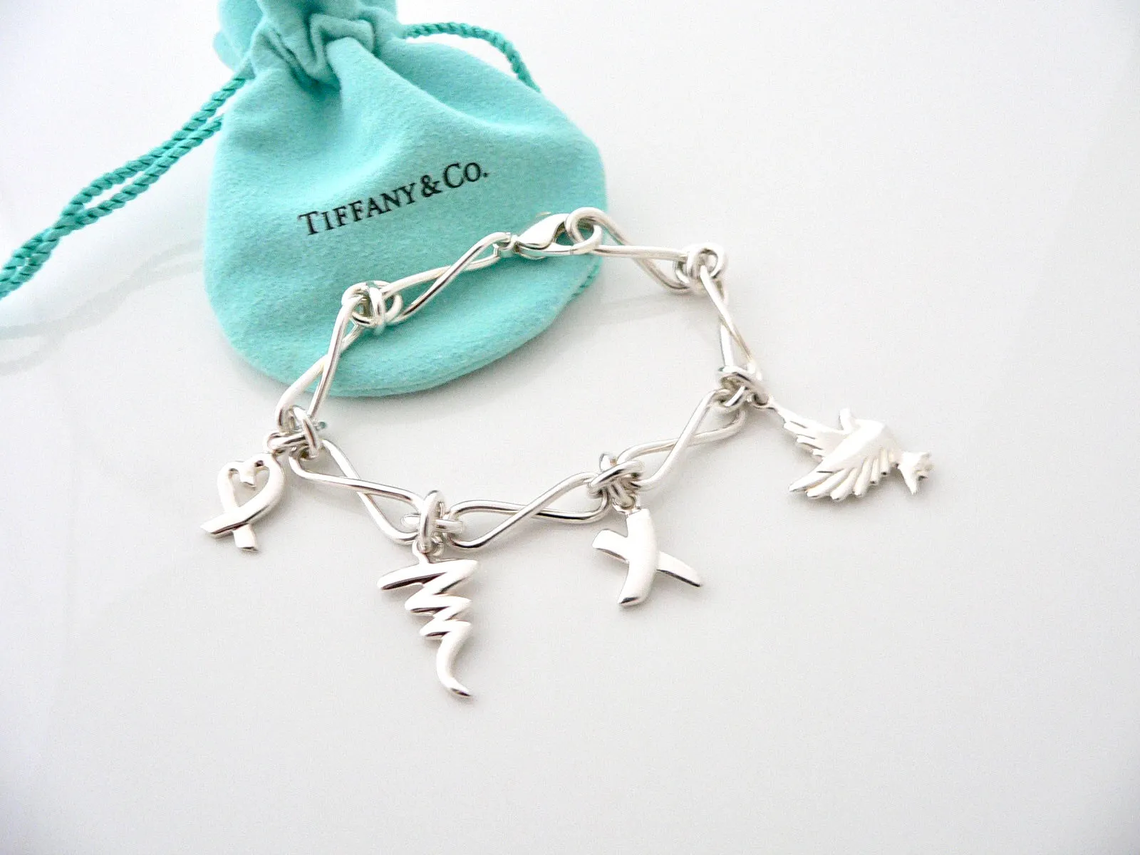 Tiffany & Co Silver Picasso Dove Heart Kiss Scribble Charm Bracelet Bangle Gift