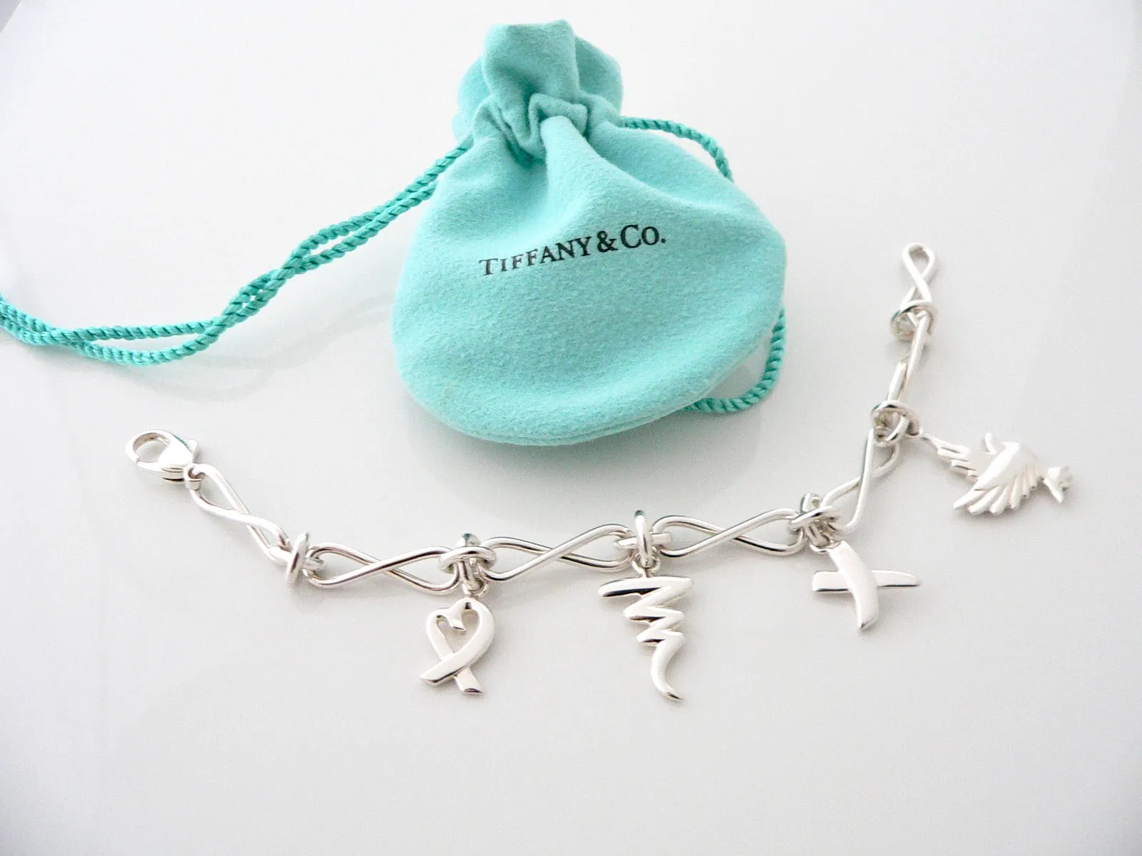 Tiffany & Co Silver Picasso Dove Heart Kiss Scribble Charm Bracelet Bangle Gift