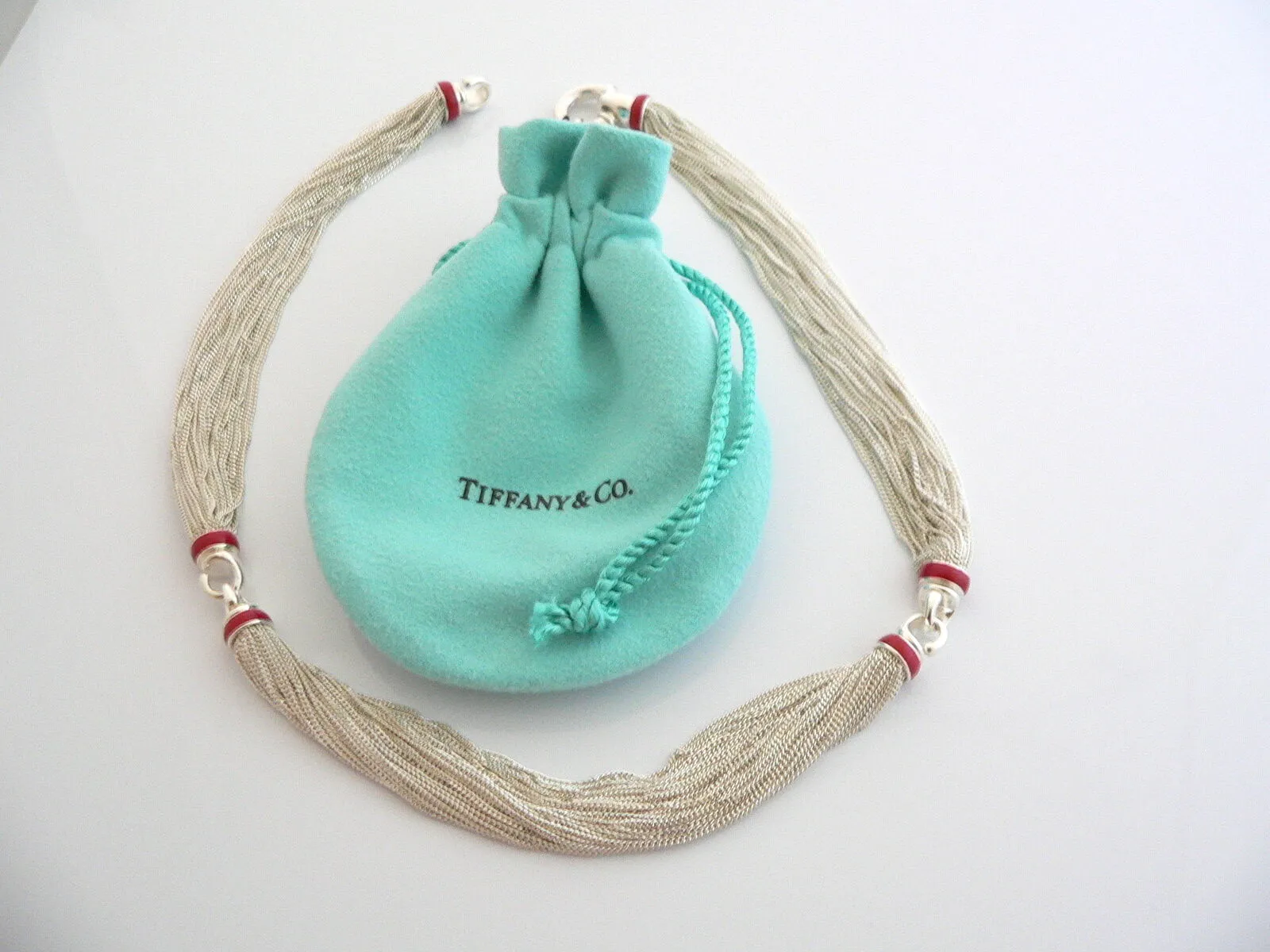 Tiffany & Co Silver Red Enamel Multi Strand Necklace Pendant Gift Love Pouch Box
