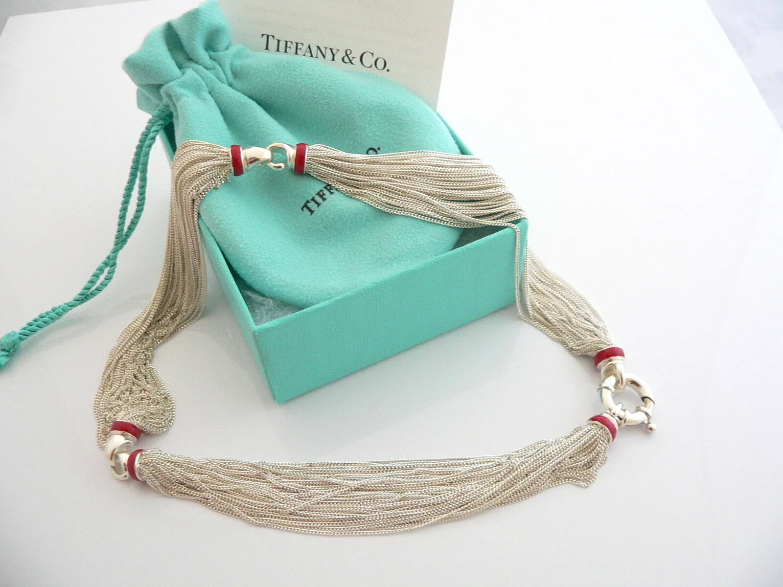 Tiffany & Co Silver Red Enamel Multi Strand Necklace Pendant Gift Love Pouch Box